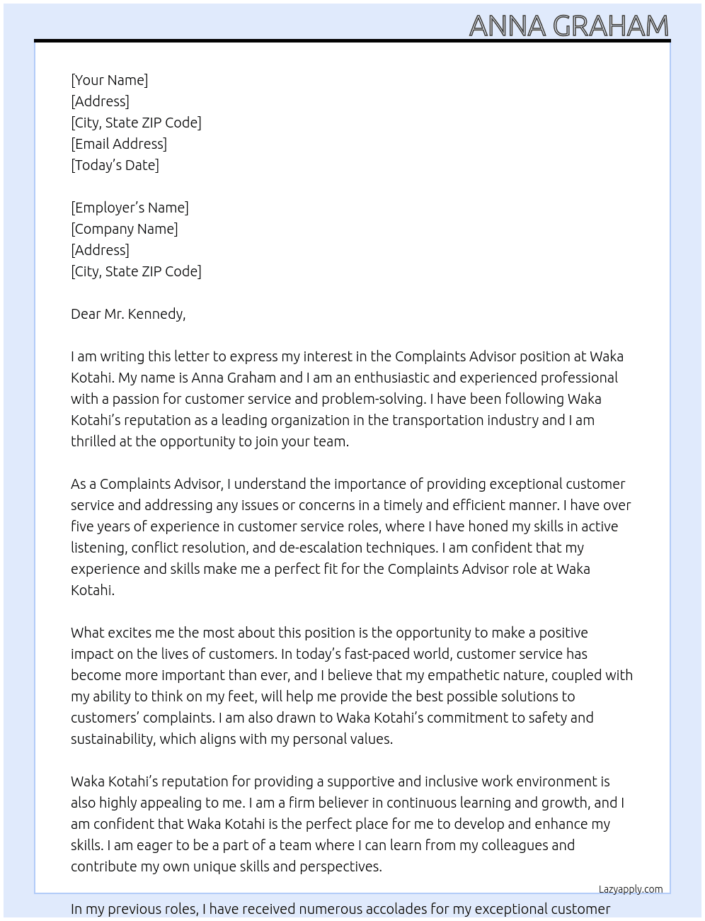 Complaints Advisor At Waka Kotahi Cover Letter