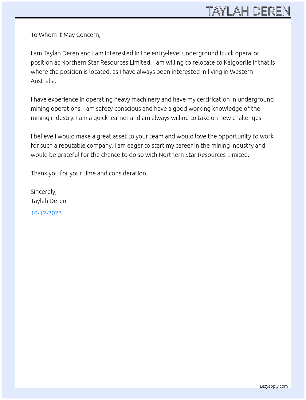 Entry Level Underground Truck Operators At Northern Star Resources Limited Cover Letter