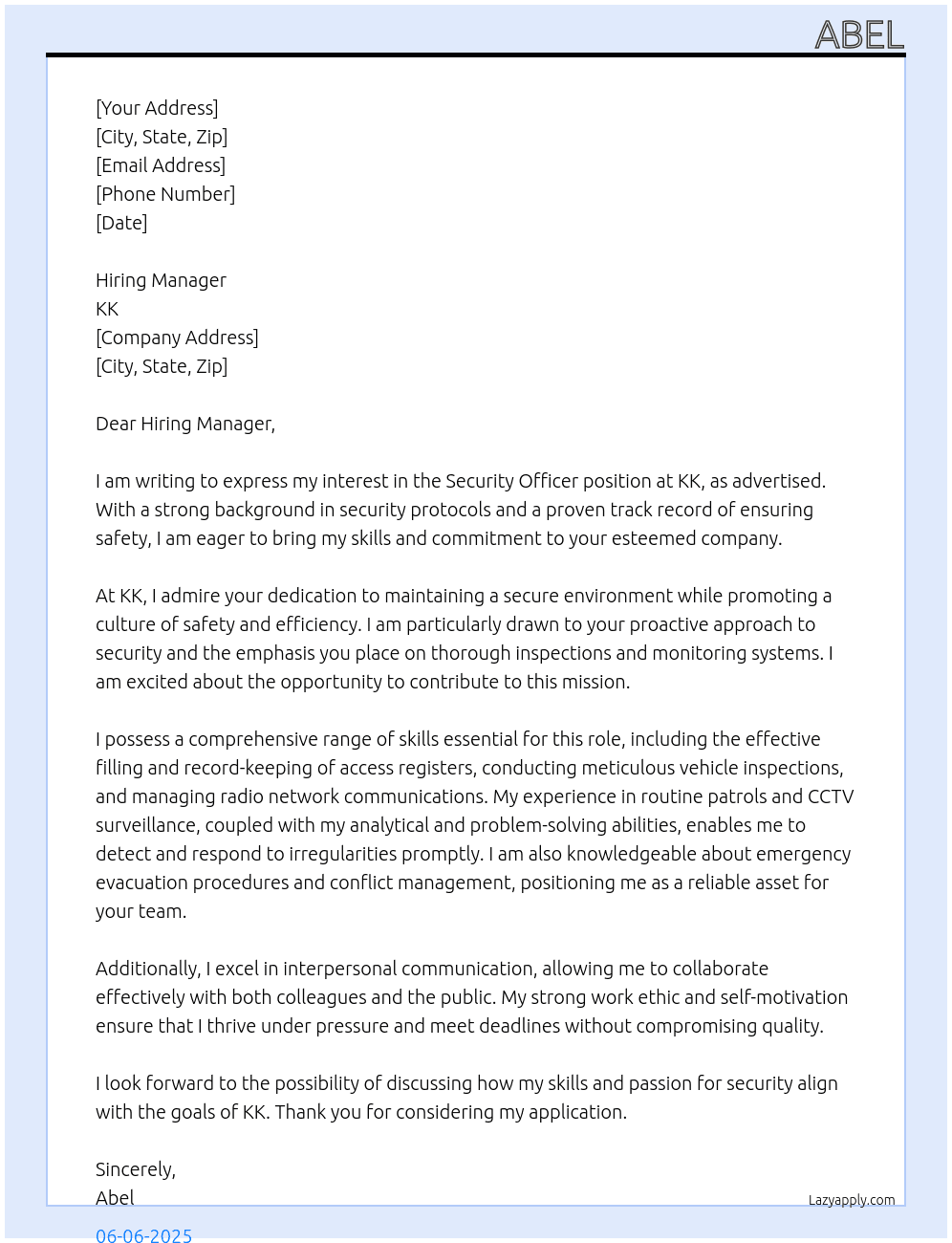 security officer At kk Cover Letter