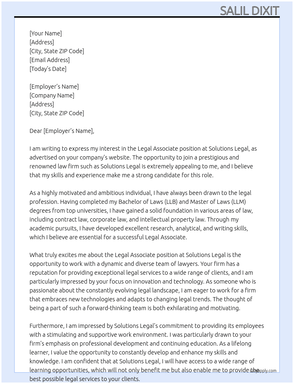 LEGAL ASSOCIATE  At SOLUTIONS LEGAL Cover Letter