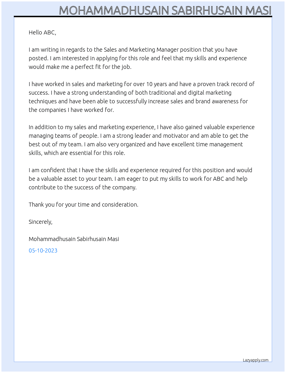 SALES AND MARKETING MANAGER At ABC Cover Letter