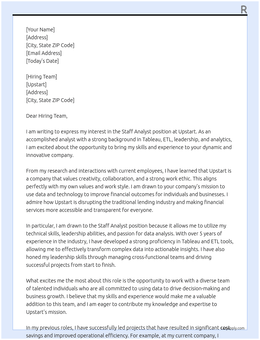 Staff Analyst At Upstart Cover Letter