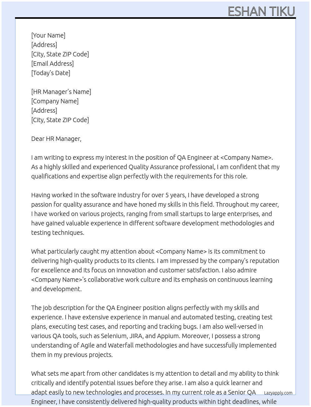 QA Engineer At <Company Name> Cover Letter