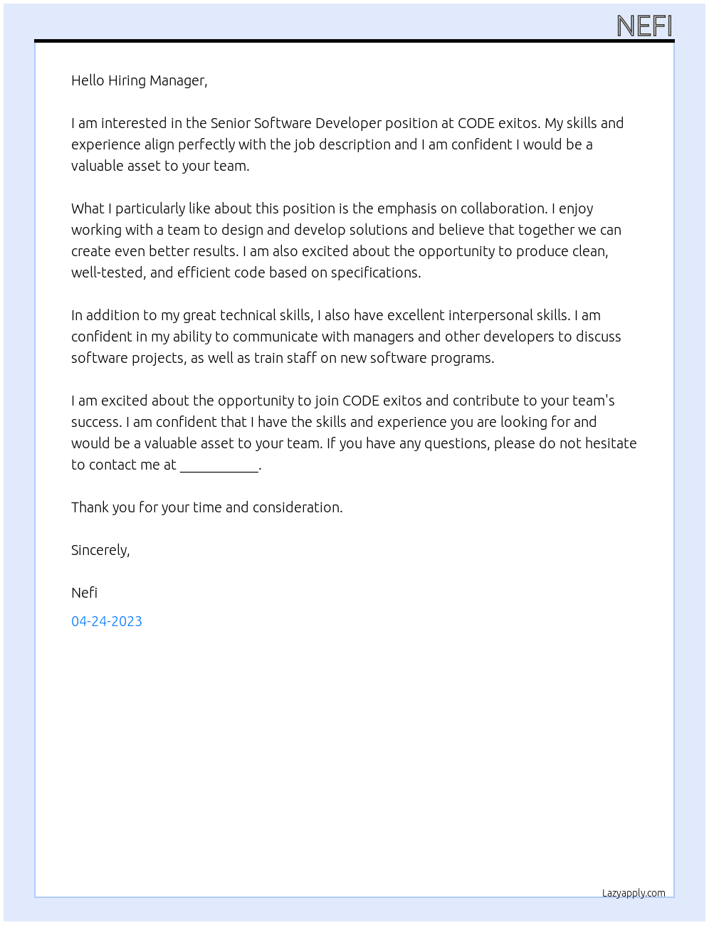 Senior Software Developer At CODE exitos Cover Letter