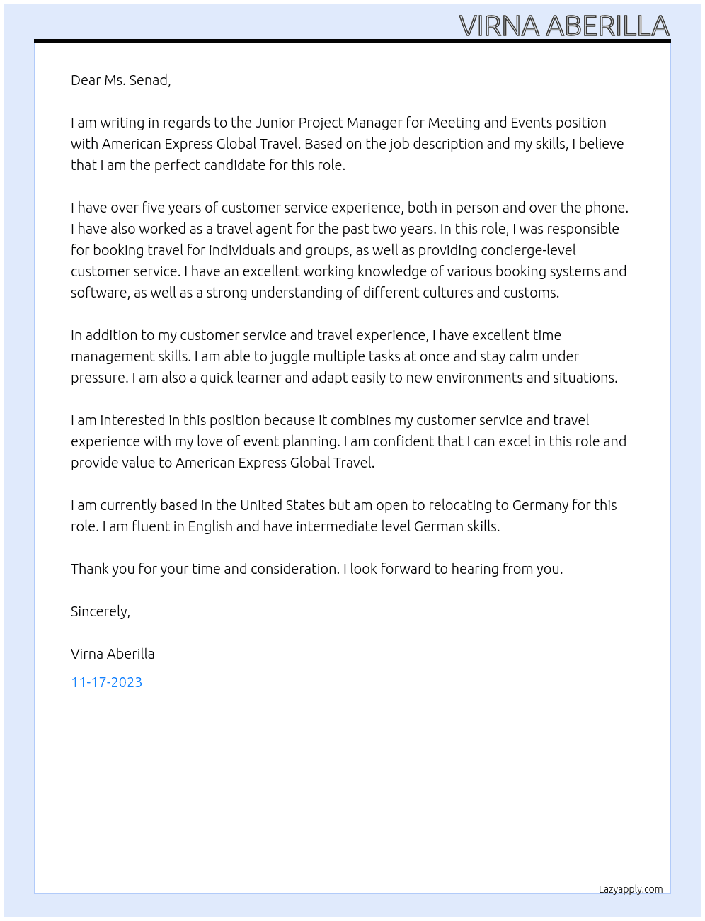 Junior Project Manager for Meeting and Events At American Express Global Travel Cover Letter