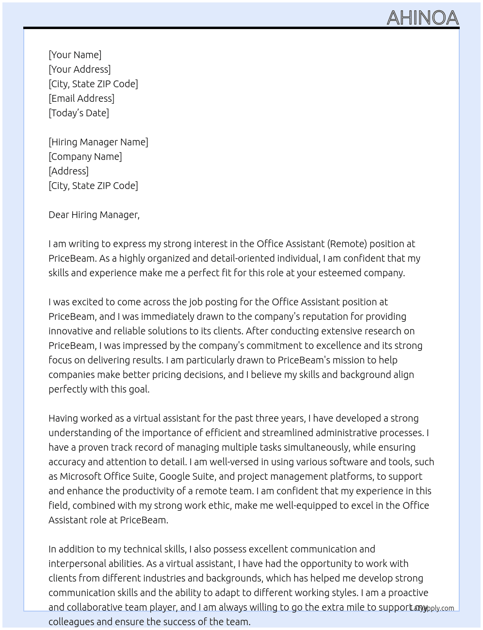 Office Assistant (Remote) At PriceBeam Cover Letter