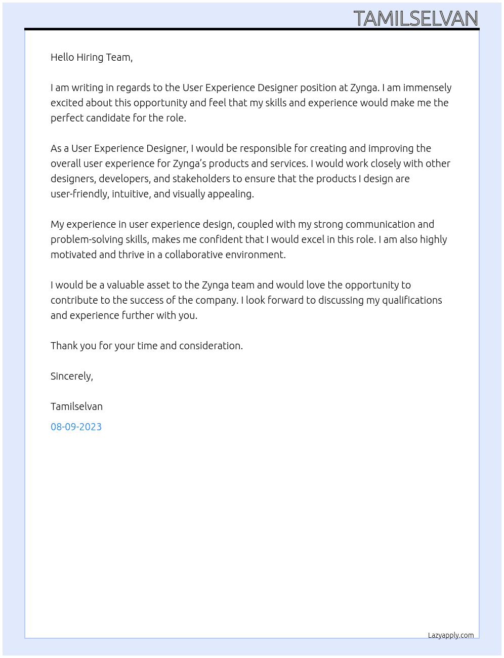 User Experience Designer At Zynga Cover Letter
