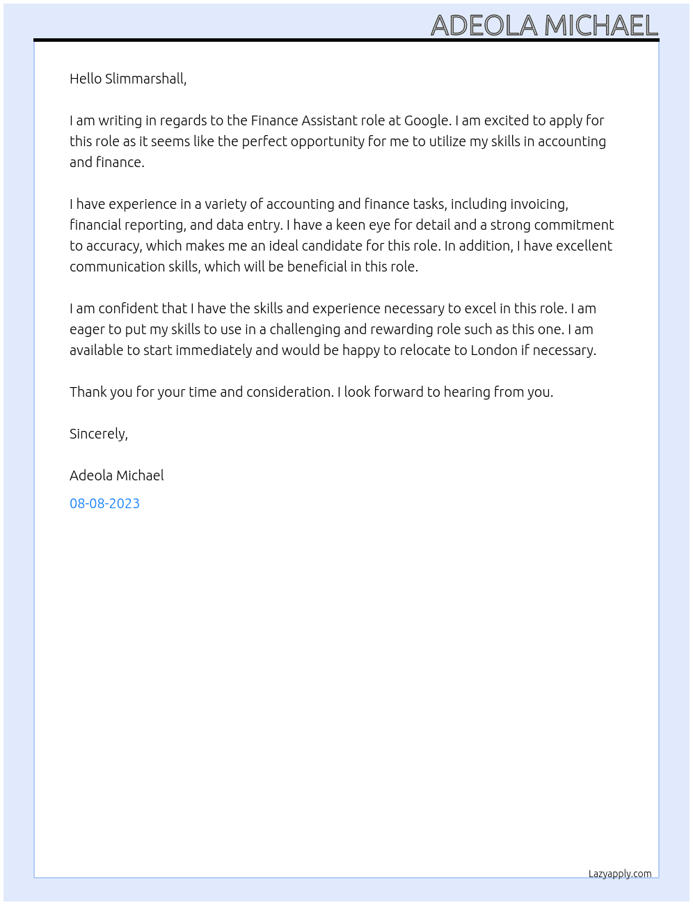 Finance Assistant At Google Cover Letter
