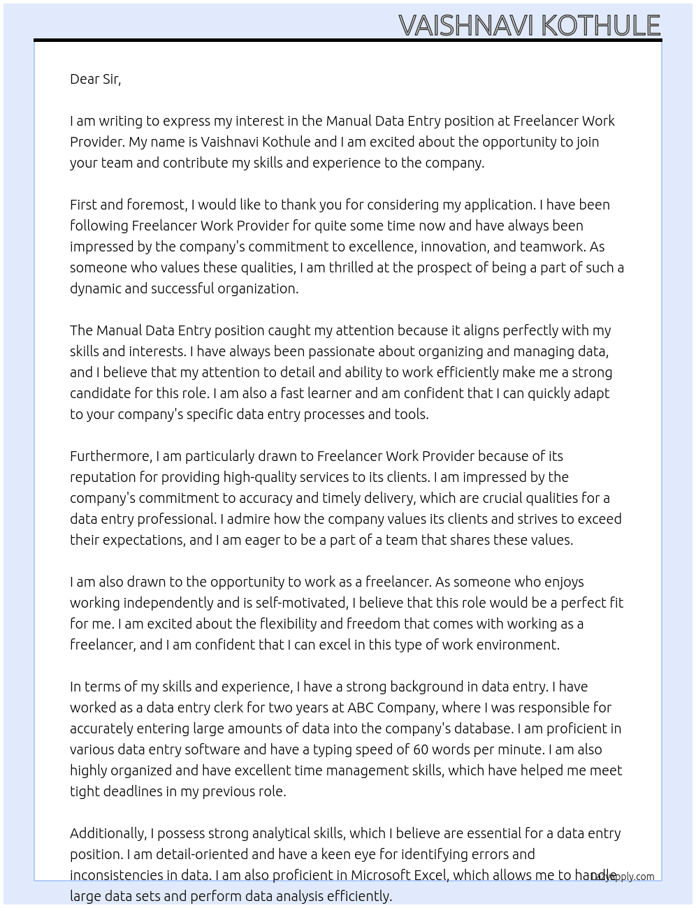 Cover letter for manual data entry - LazyApply