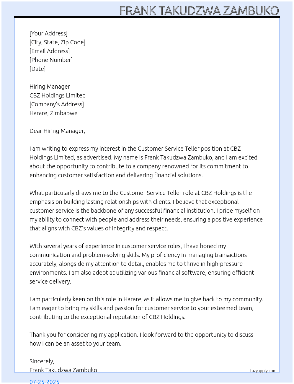 Cover letter for customer service teller - LazyApply