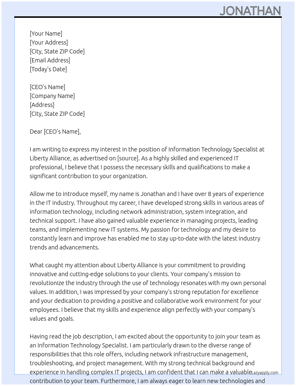 Information technology specialist At Liberty Alliance  Cover Letter