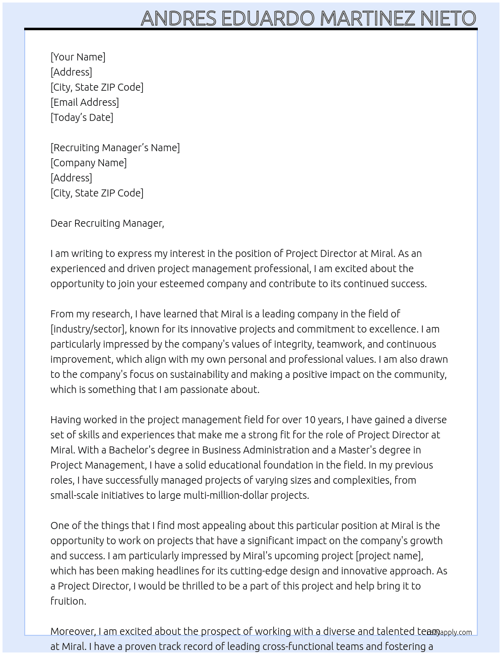 Project Director At Miral Cover Letter
