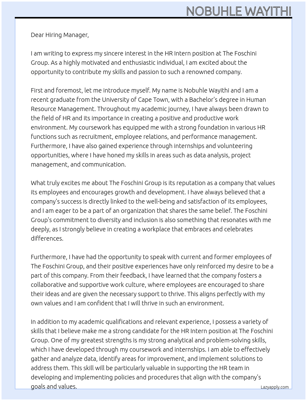 HR Intern At The Foschini Group Cover Letter
