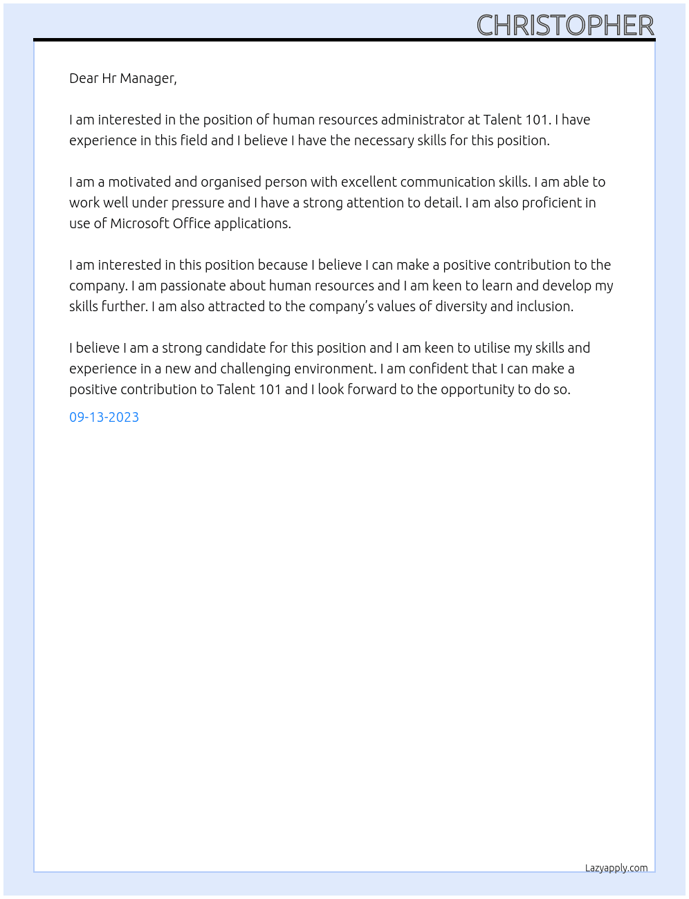 Human resources administrator  At Talent 101 Cover Letter