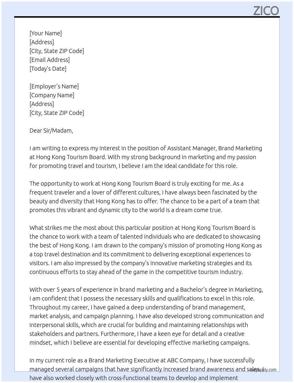 Assistant Manager, Brand Marketing  At Hong Kong Tourism Board Cover Letter