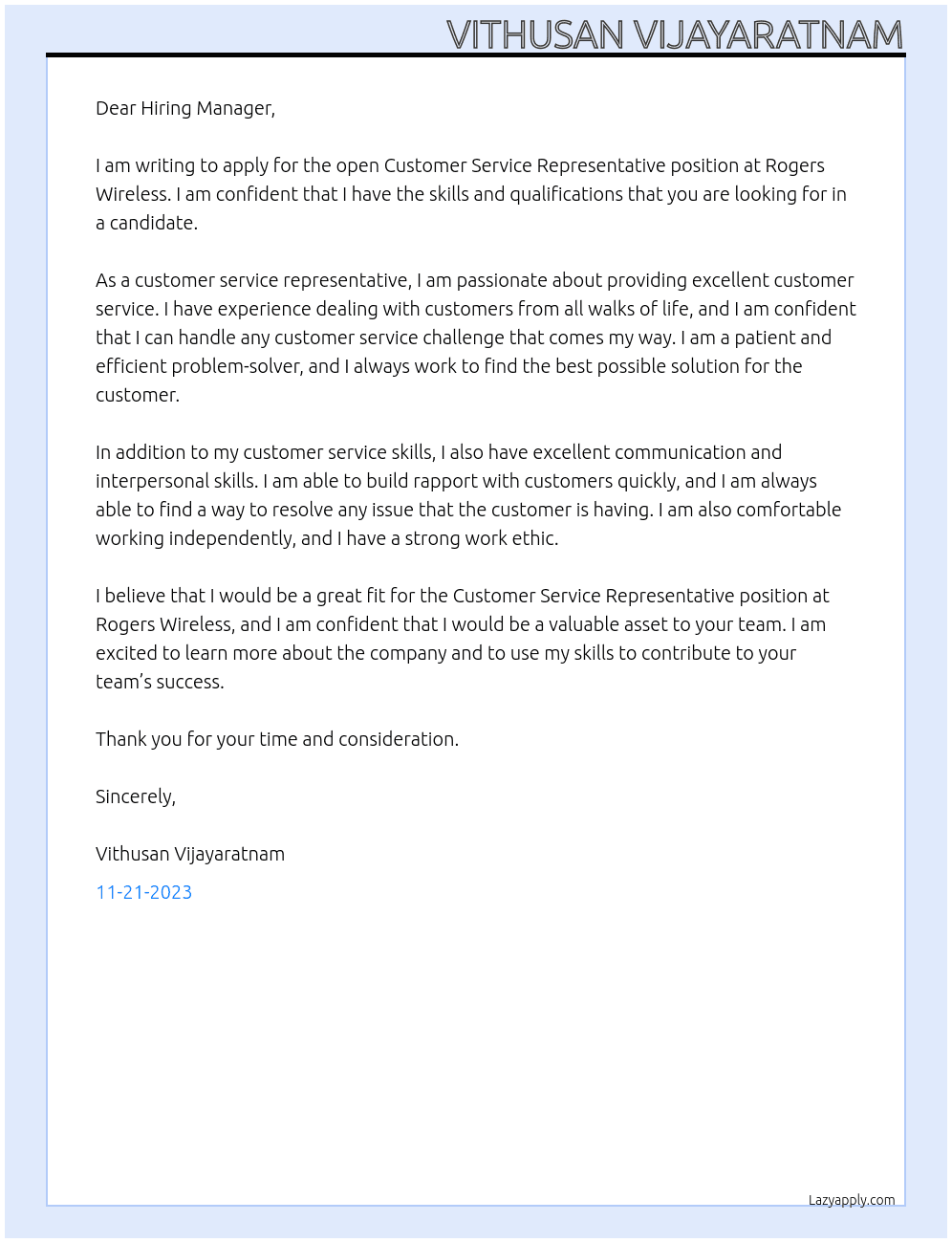 Customer service representative At Rogers Wireless Cover Letter