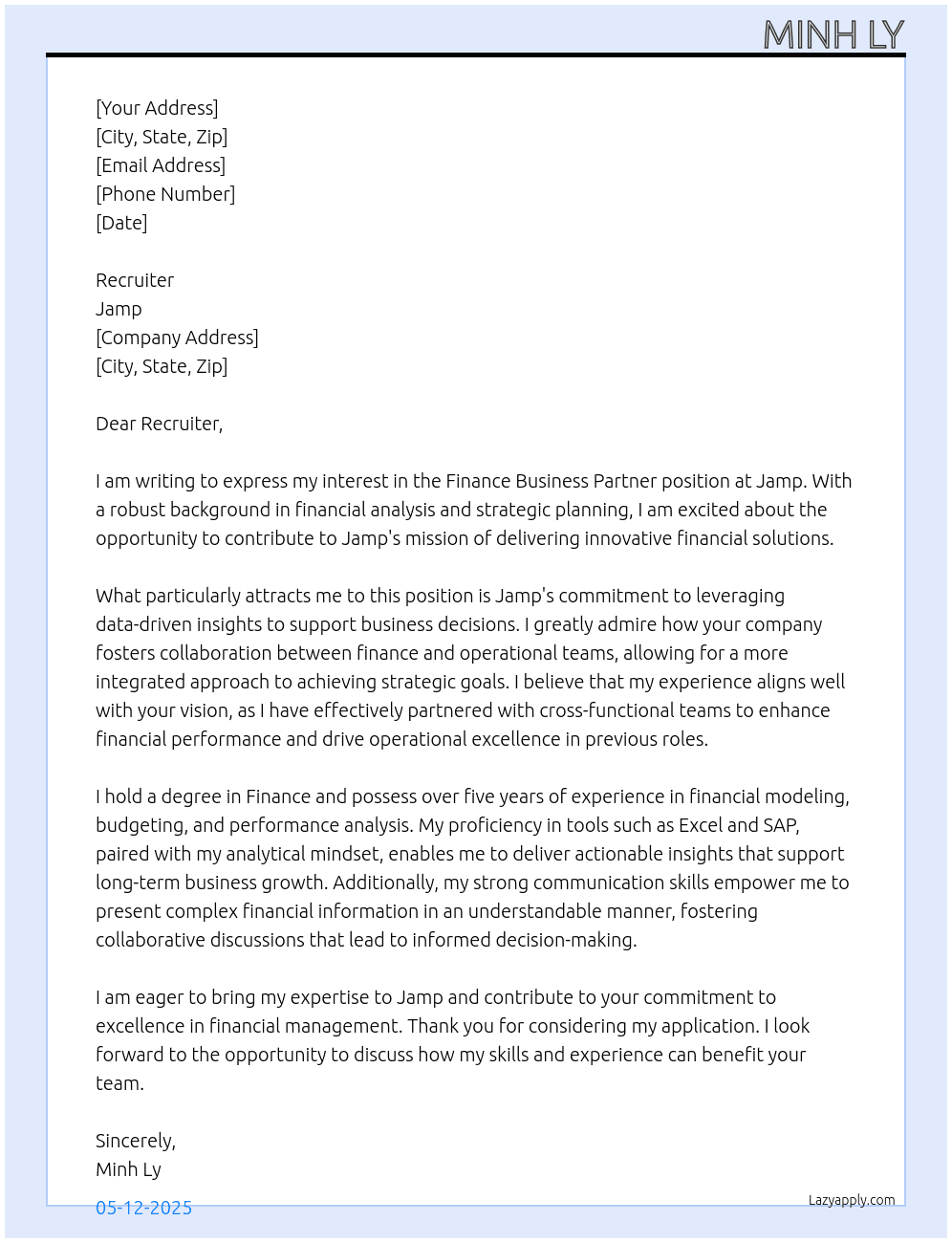 Finance business partner At Jamp Cover Letter