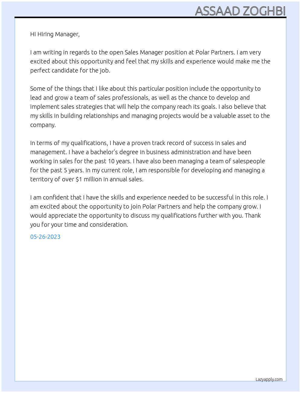 sales manager  At Polar Partners  Cover Letter
