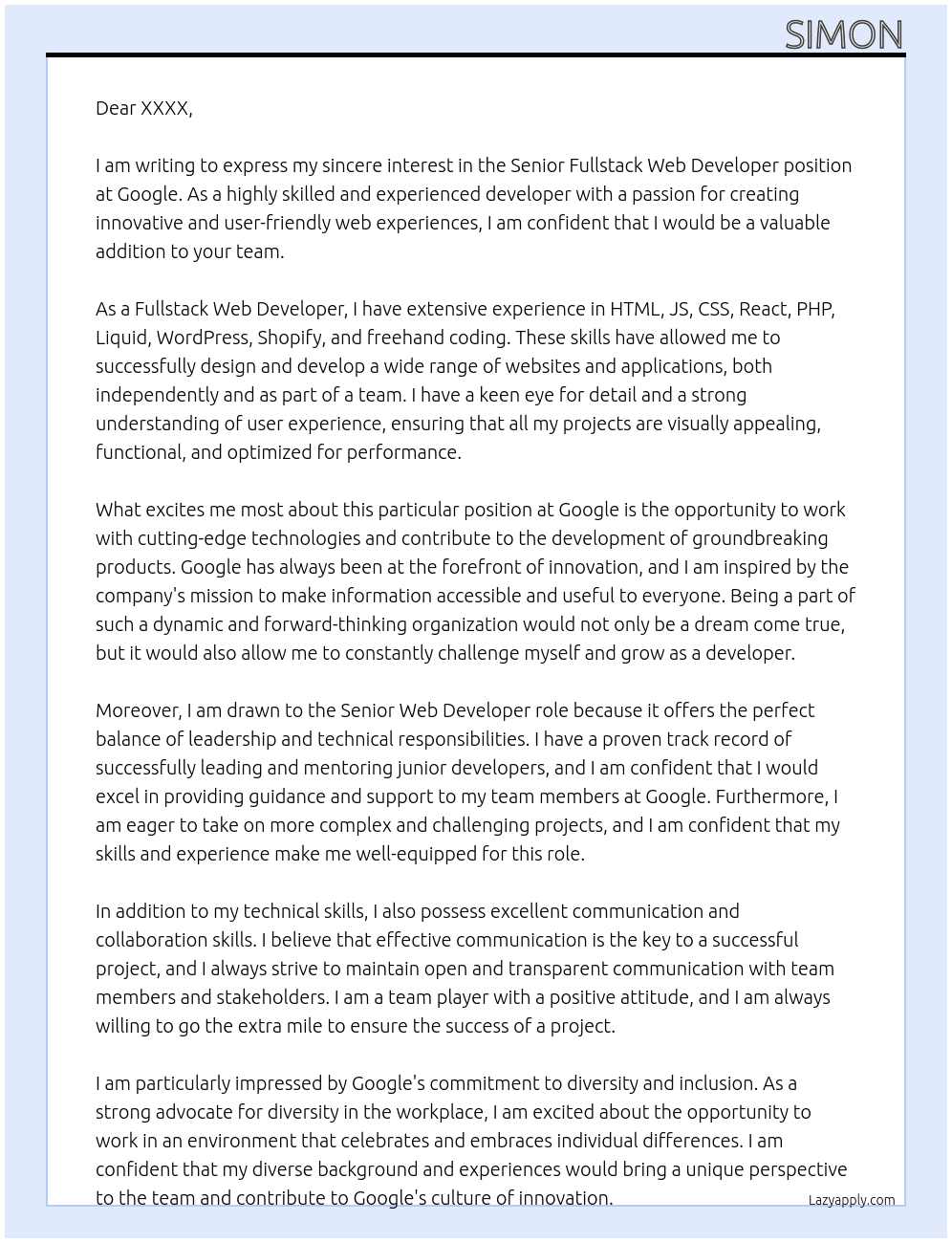 Fullstack Web Developer At google Cover Letter