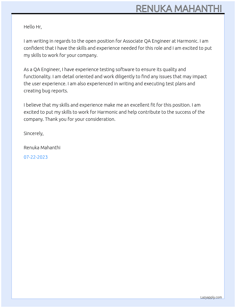 Associate qa engineer  At Harmonic  Cover Letter