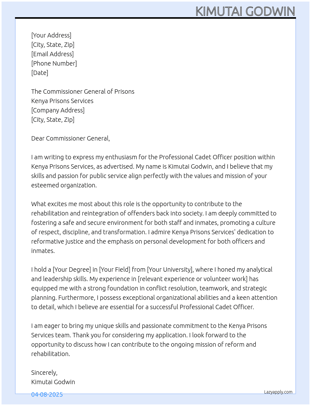 Professional Cadet Officer At Kenya Prisons Services Cover Letter