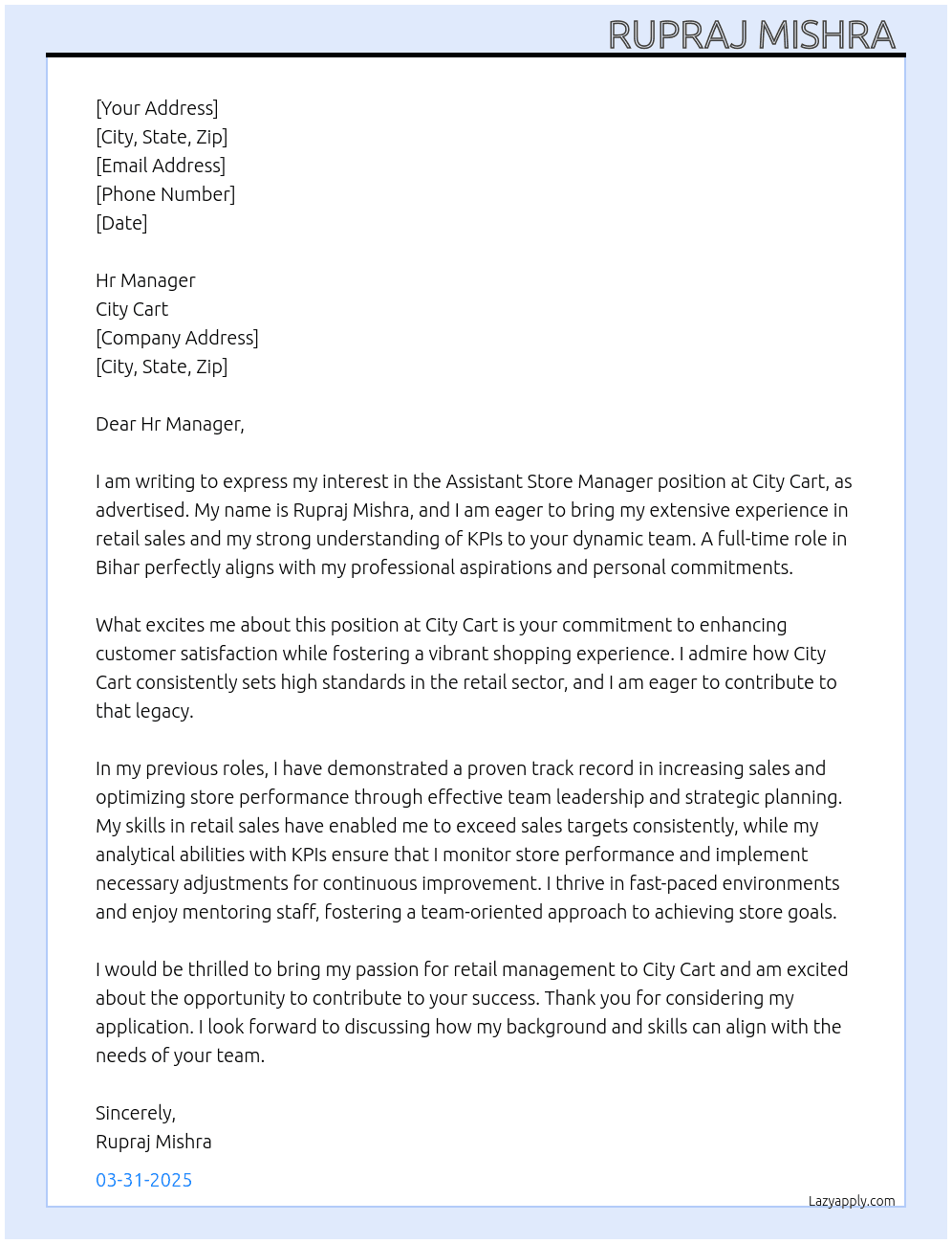 assistant store manager  At City cart Cover Letter