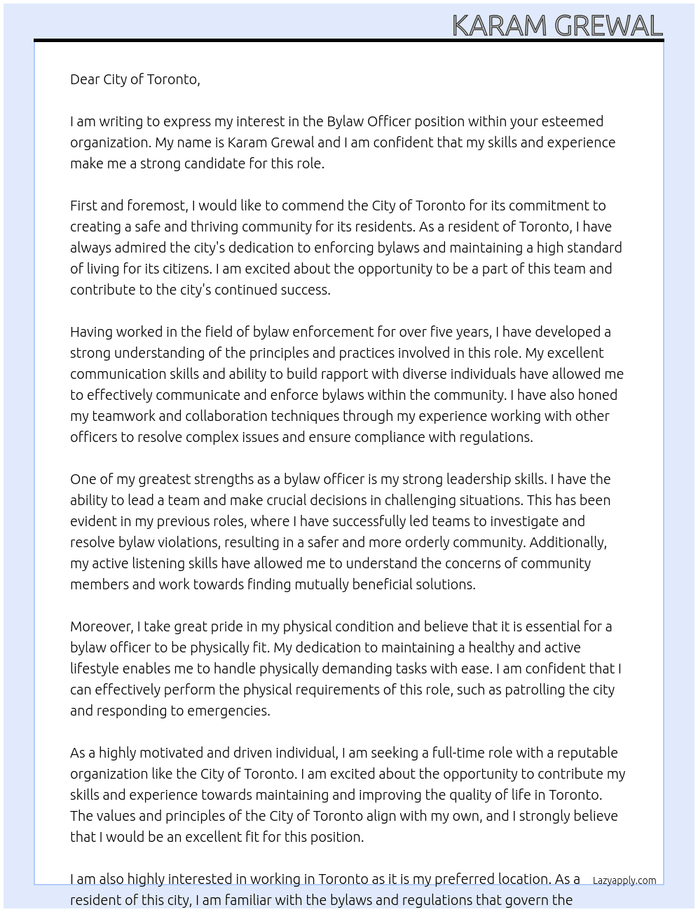Bylaw Officer At City of Toronto Cover Letter