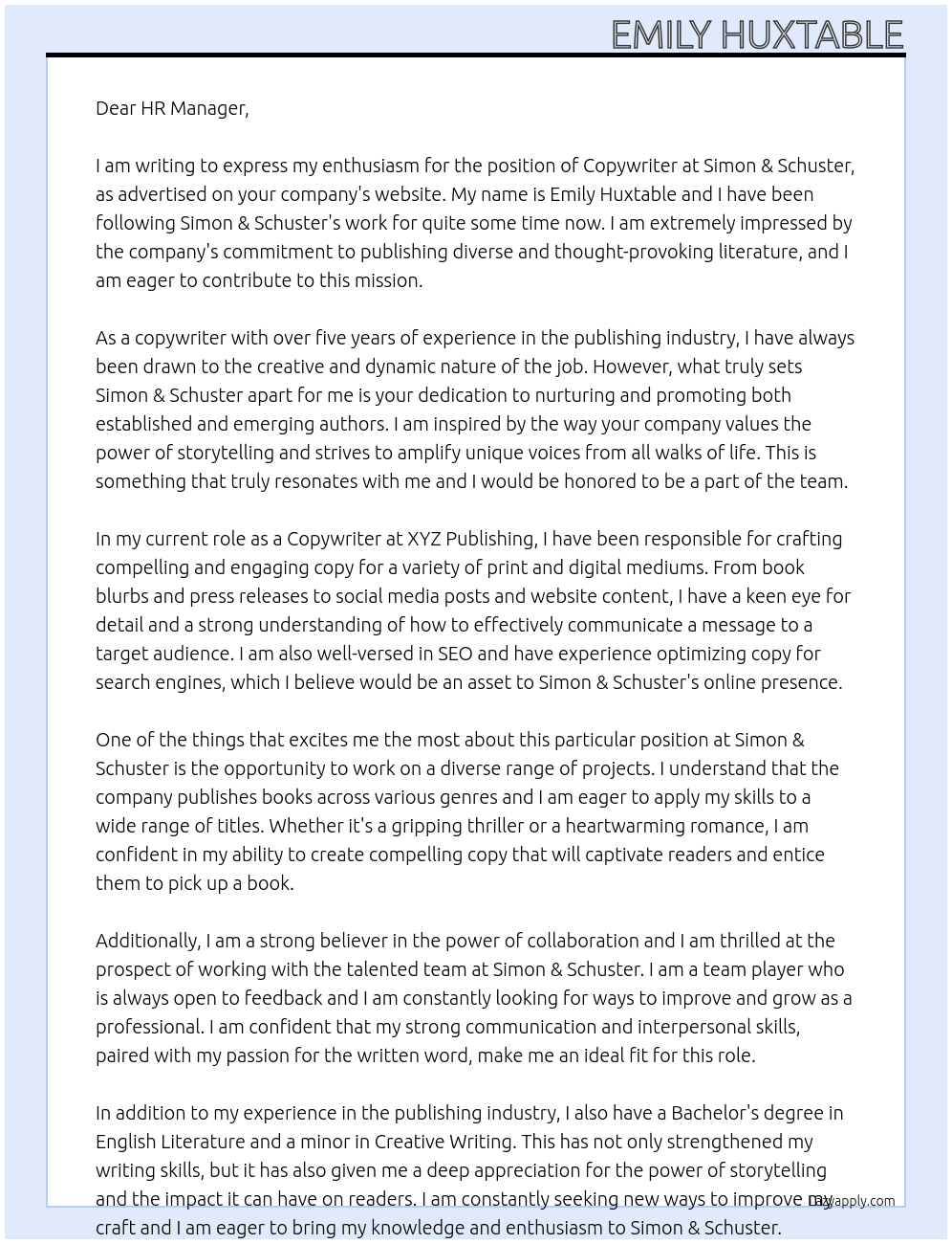 Copywriter At Simon & Schuster Cover Letter