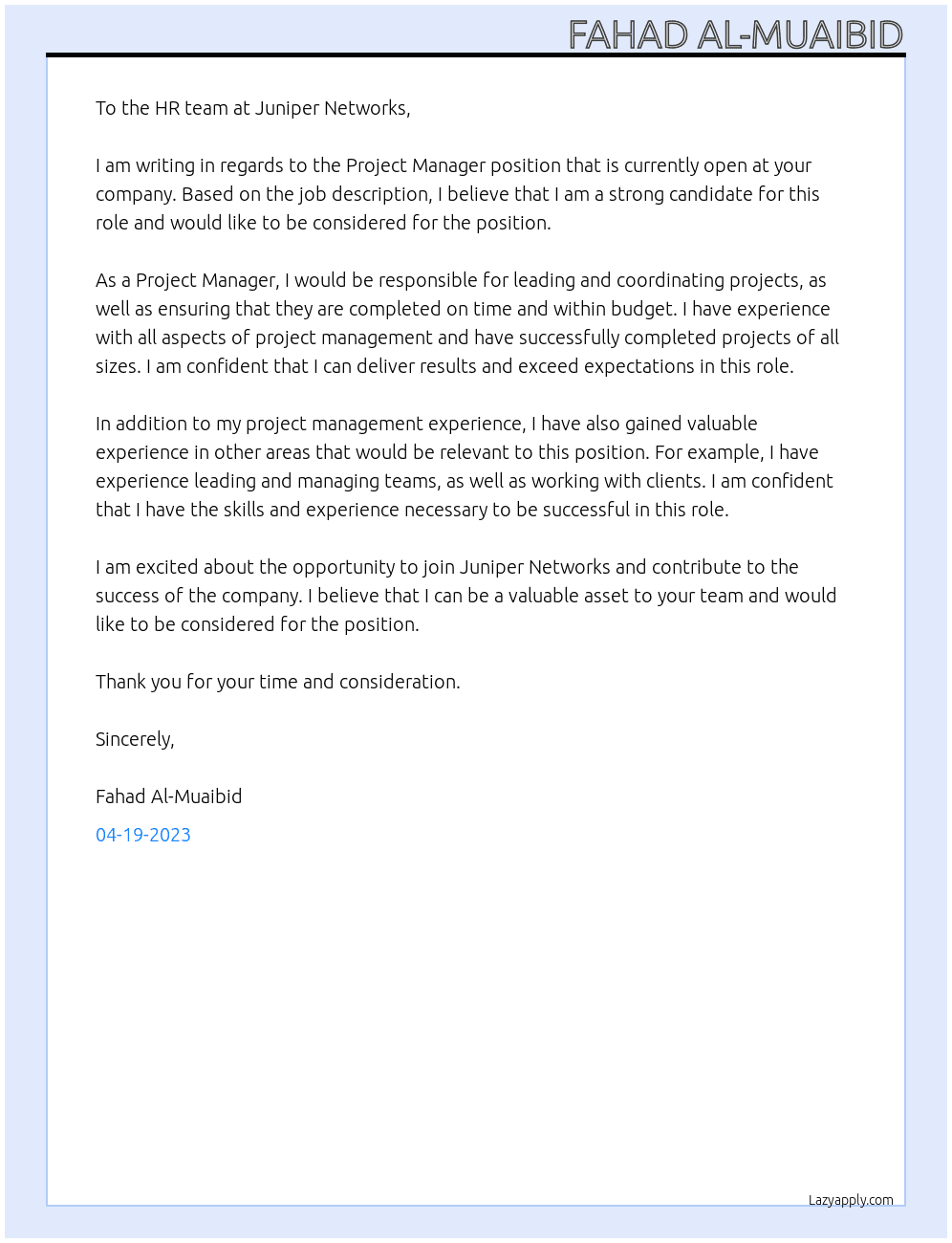 Project Manager At Juniper Networks  Cover Letter