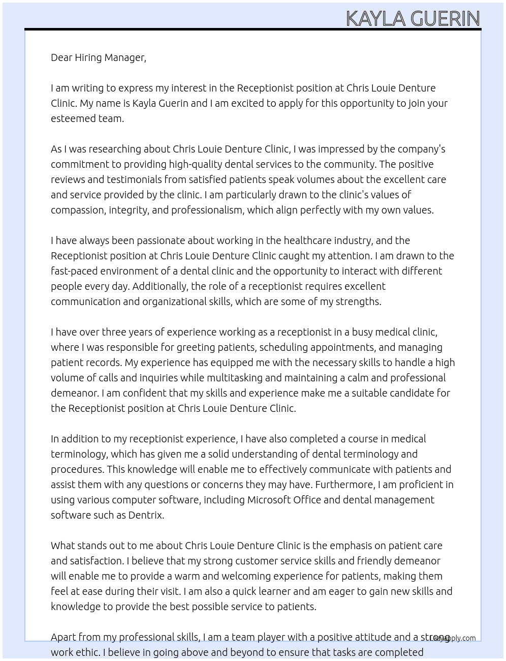 Receptionist At Chris Louie Denture Clinic Cover Letter
