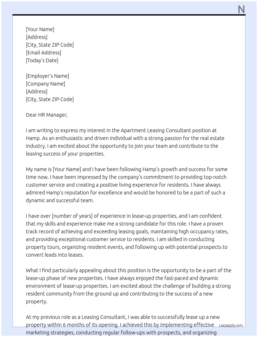 Apartment Leasing Consultant At Hamp Cover Letter
