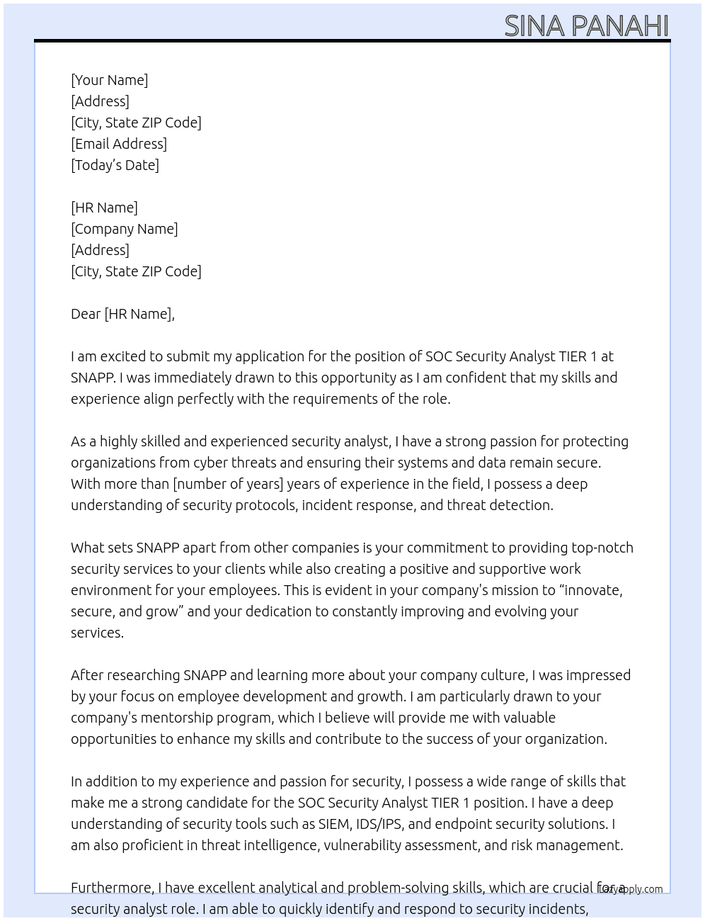 SOC Security Analyst TIER 1 At SNAPP Cover Letter