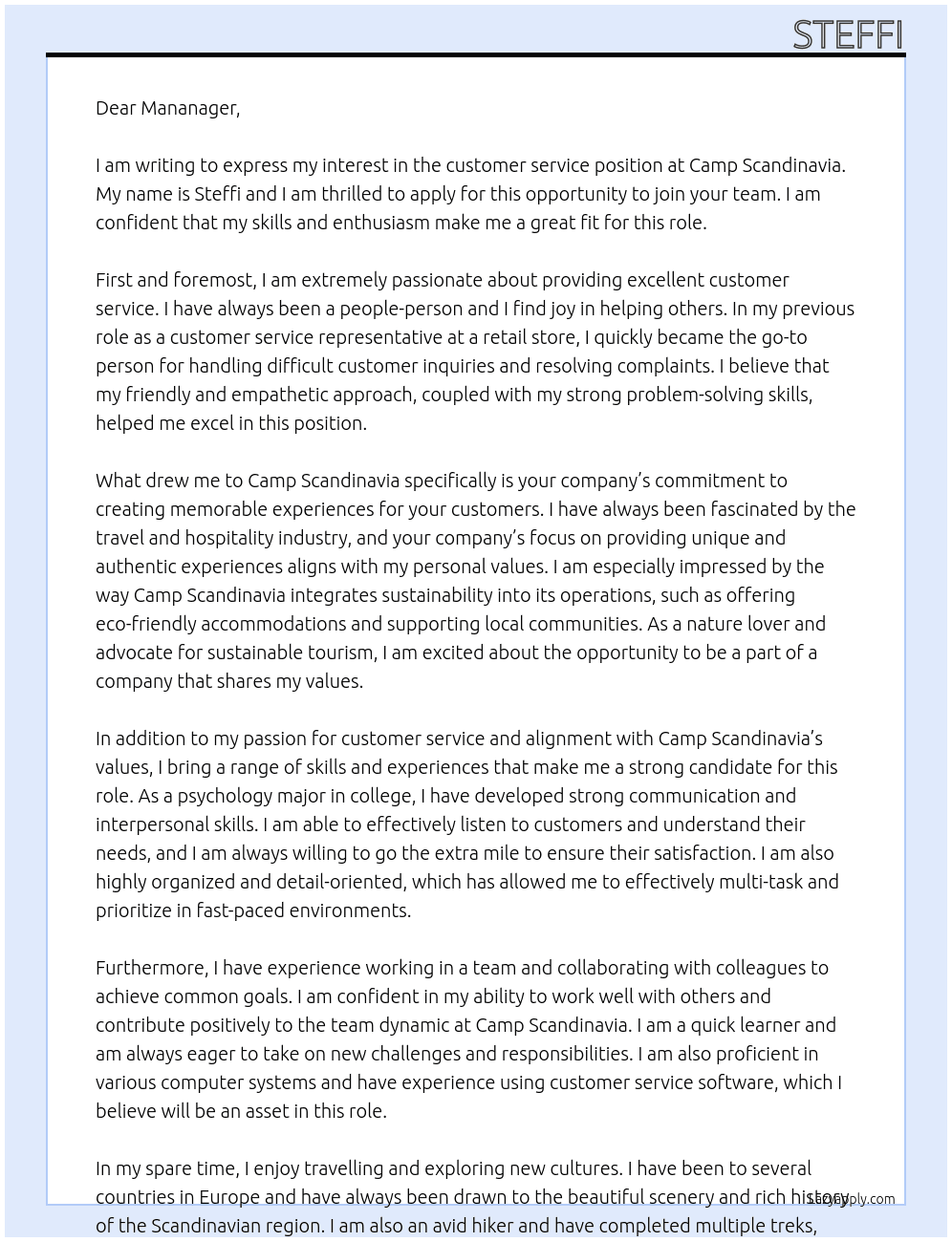 customer service At CAMP SCANDINAVIA Cover Letter