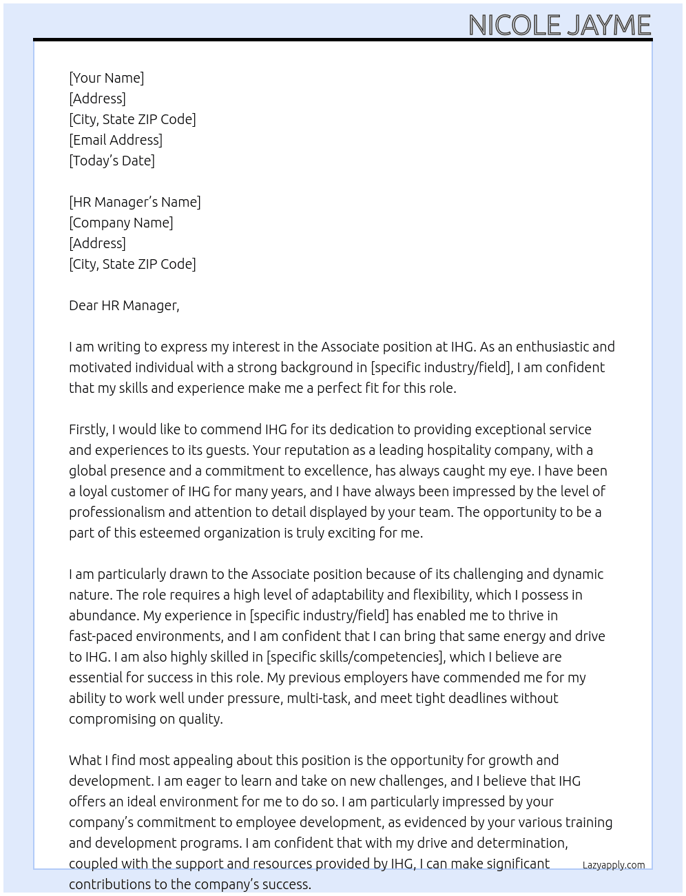 Associate At IHG Cover Letter
