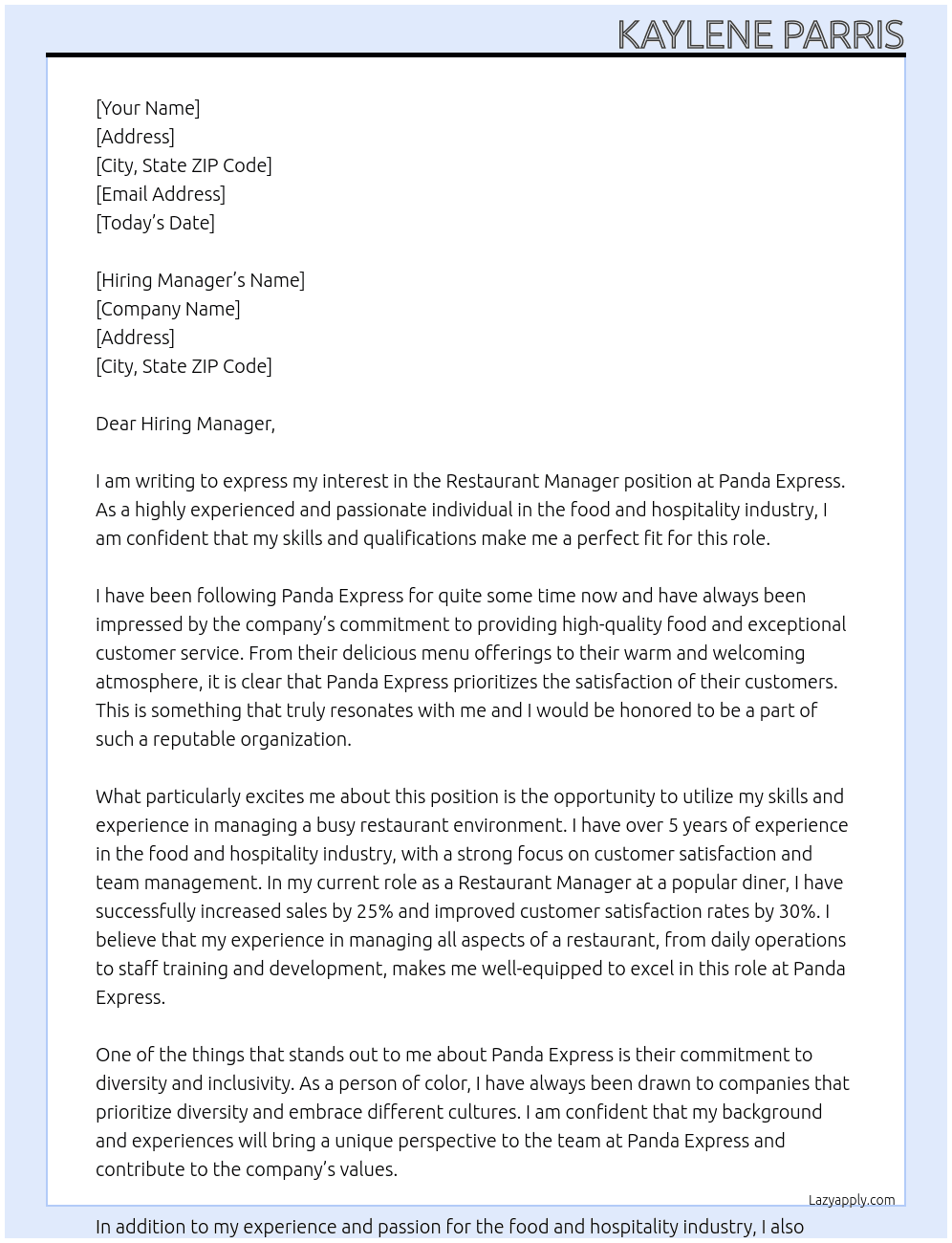 Restraunt Manager At Panda Express Cover Letter