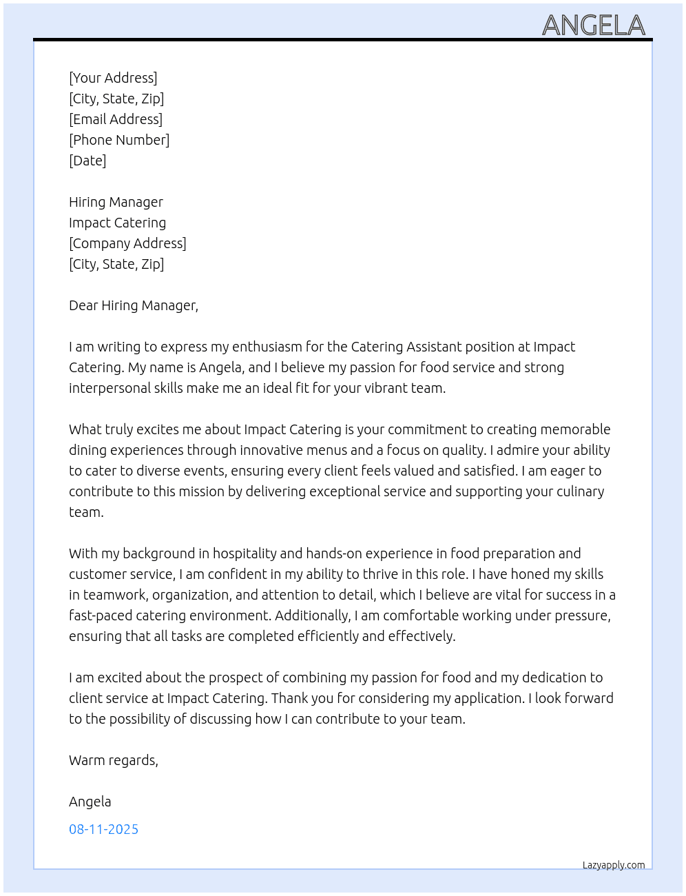 catering assistant  At Impact catering Cover Letter