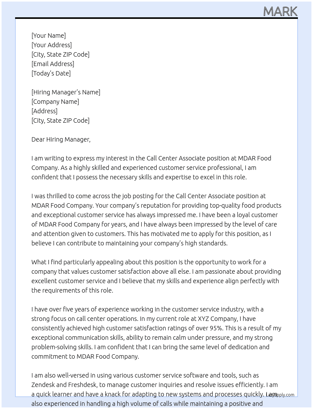 Call Center Associate At MDAR Food Company Cover Letter