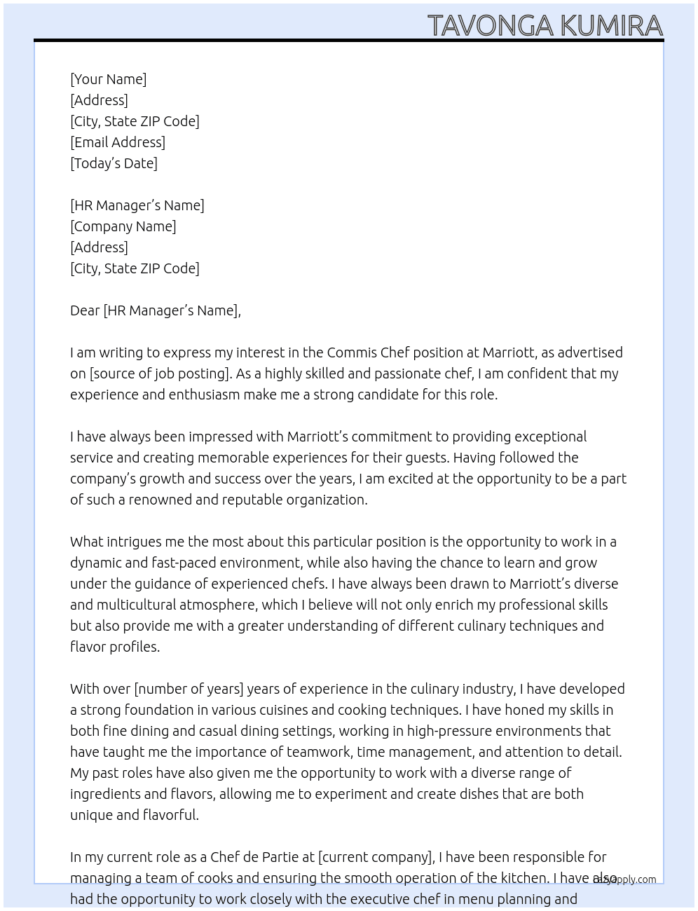 commis chef At marriot Cover Letter