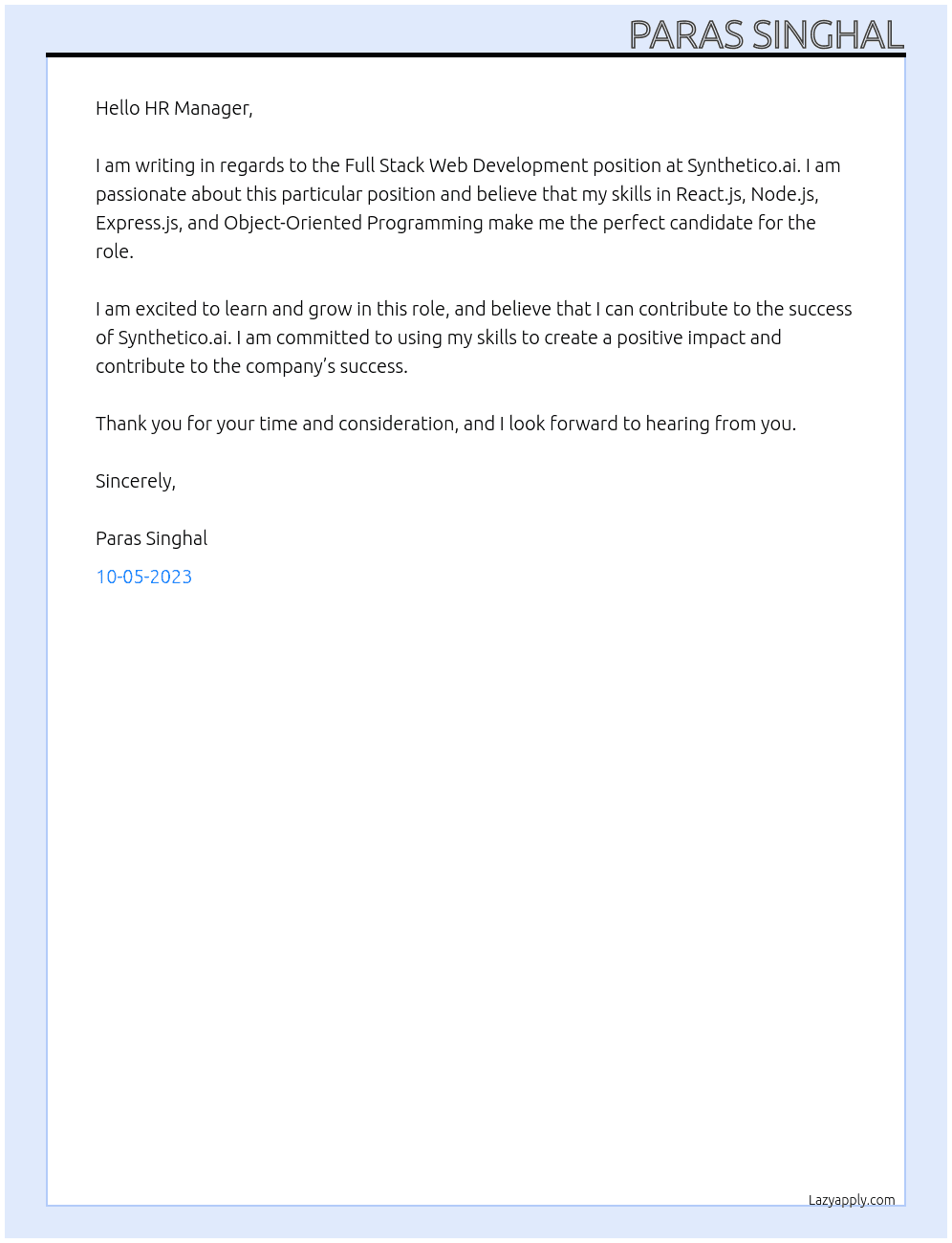 Full Stack Web Development At Synthetico.ai Cover Letter