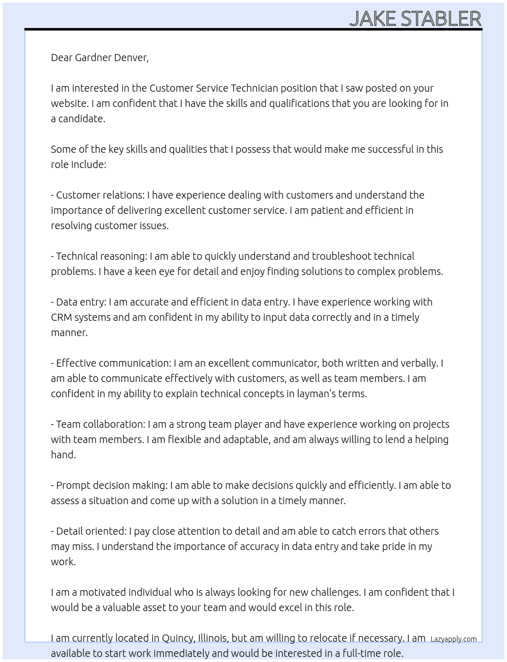 Customer Service Technician At Gardner Denver Cover Letter