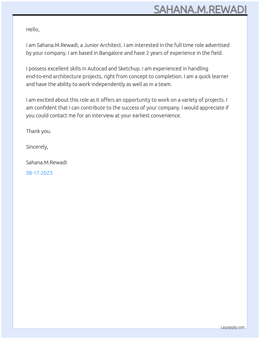 Junior Architect At xyz Cover Letter