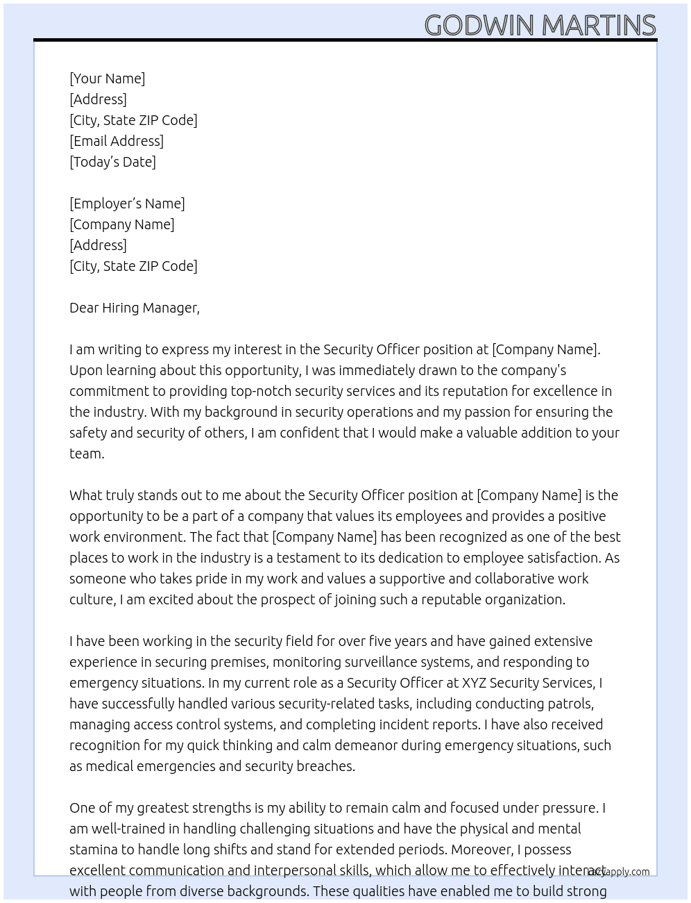 SECURITY OFFICER At TO WHOM IT MAY CONCERTN Cover Letter