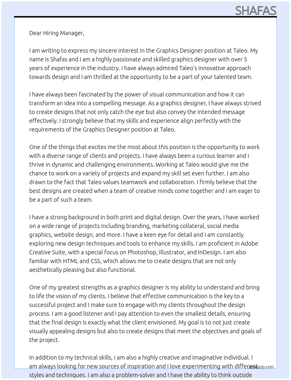 Graphics Designer At Taleo Cover Letter