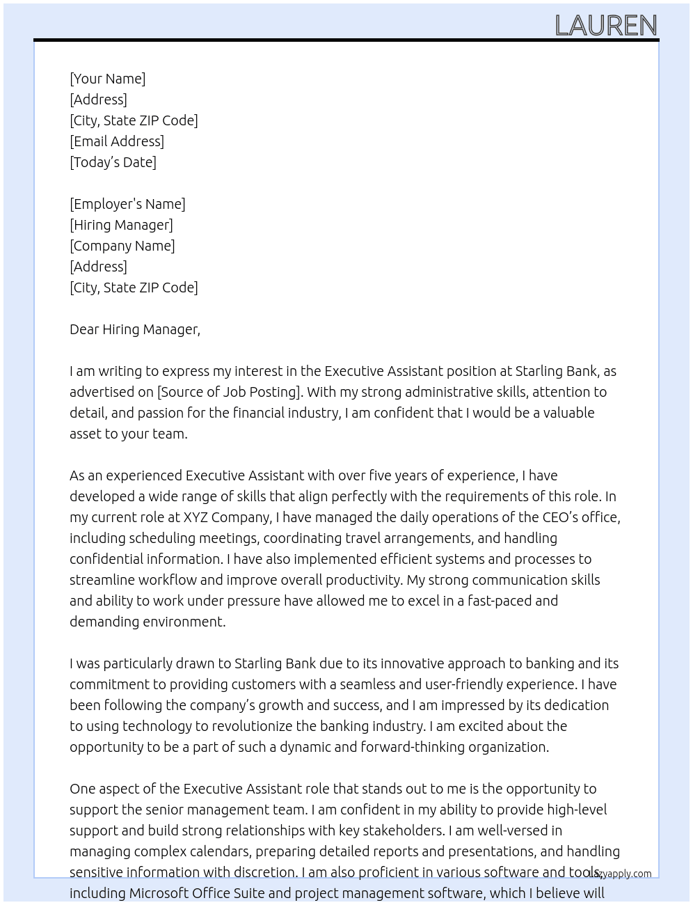 Executive Assistant At Starling Bank Cover Letter