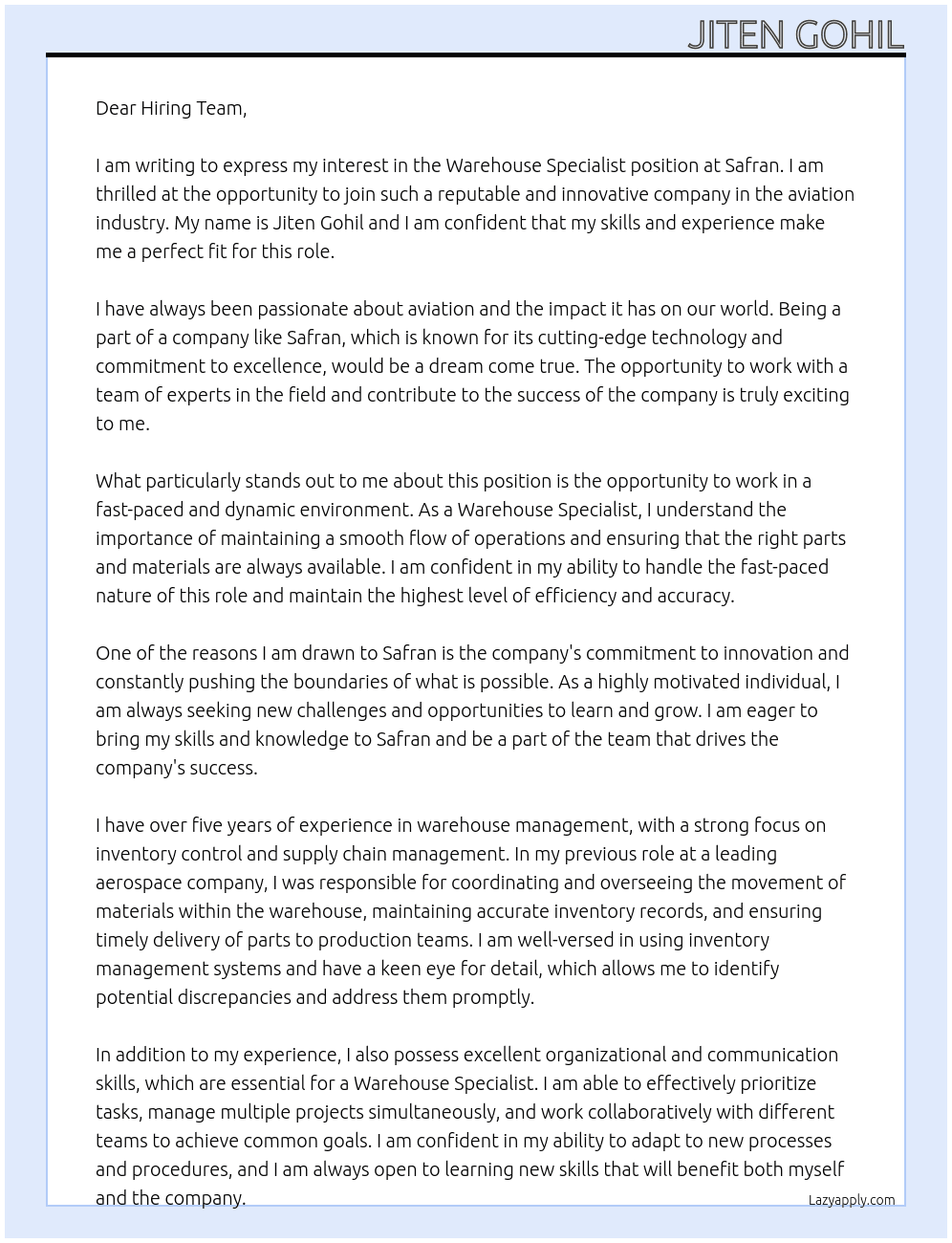 Warehouse specialist At Safran Cover Letter