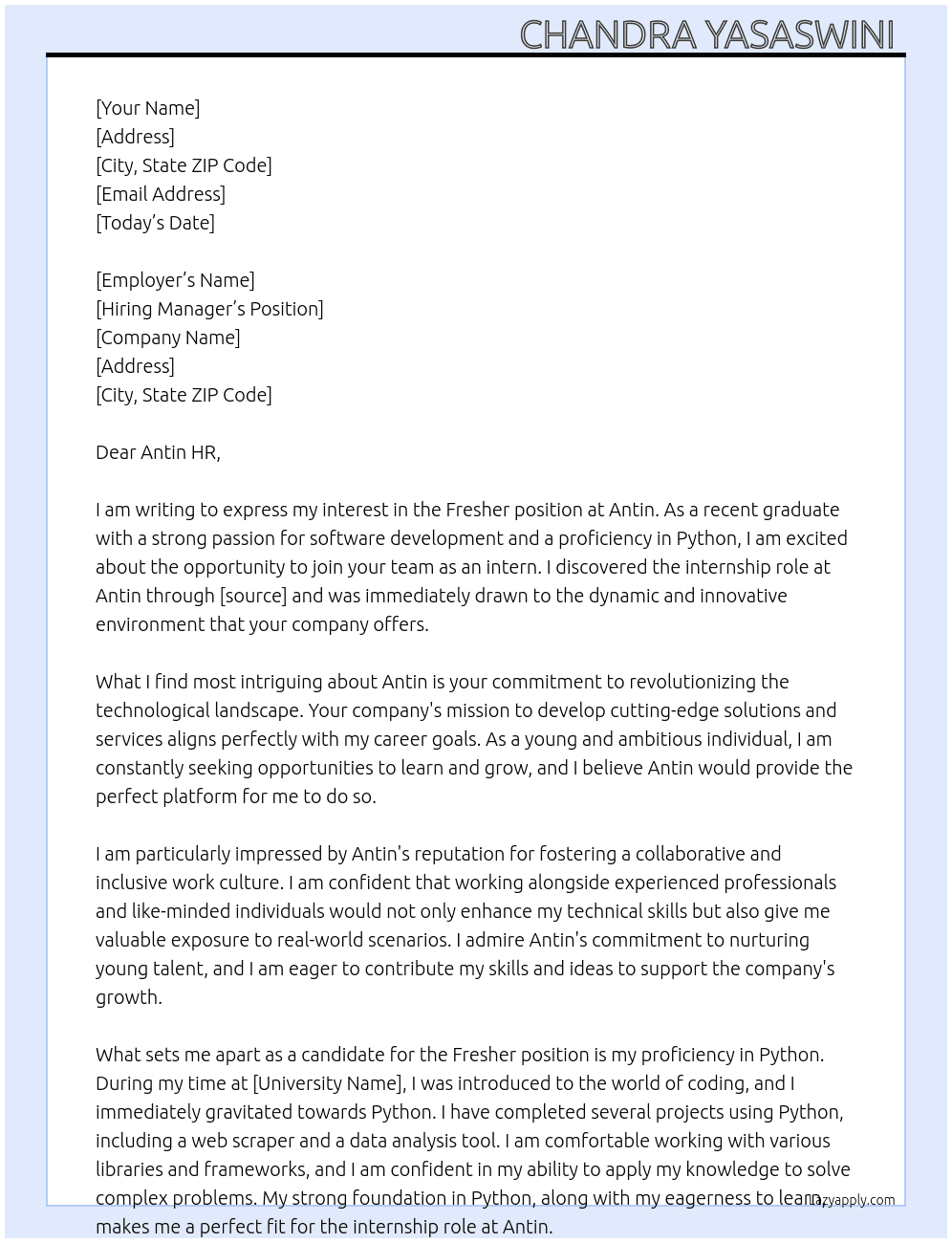 Fresher At Antin Cover Letter