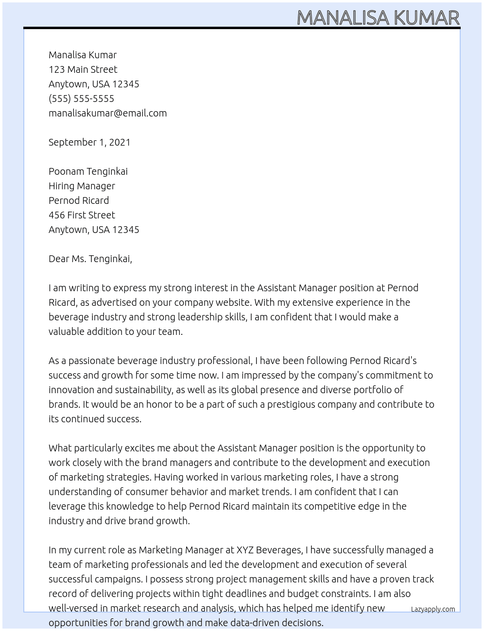 Assistant Manager At Pernod Ricard Cover Letter