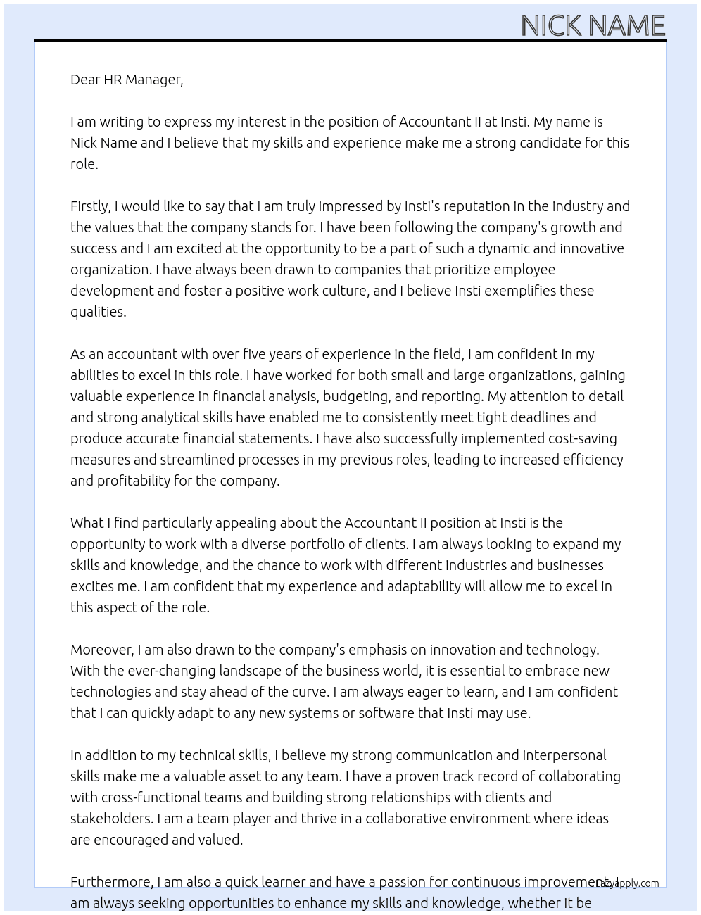 Accountant II At Insti Cover Letter