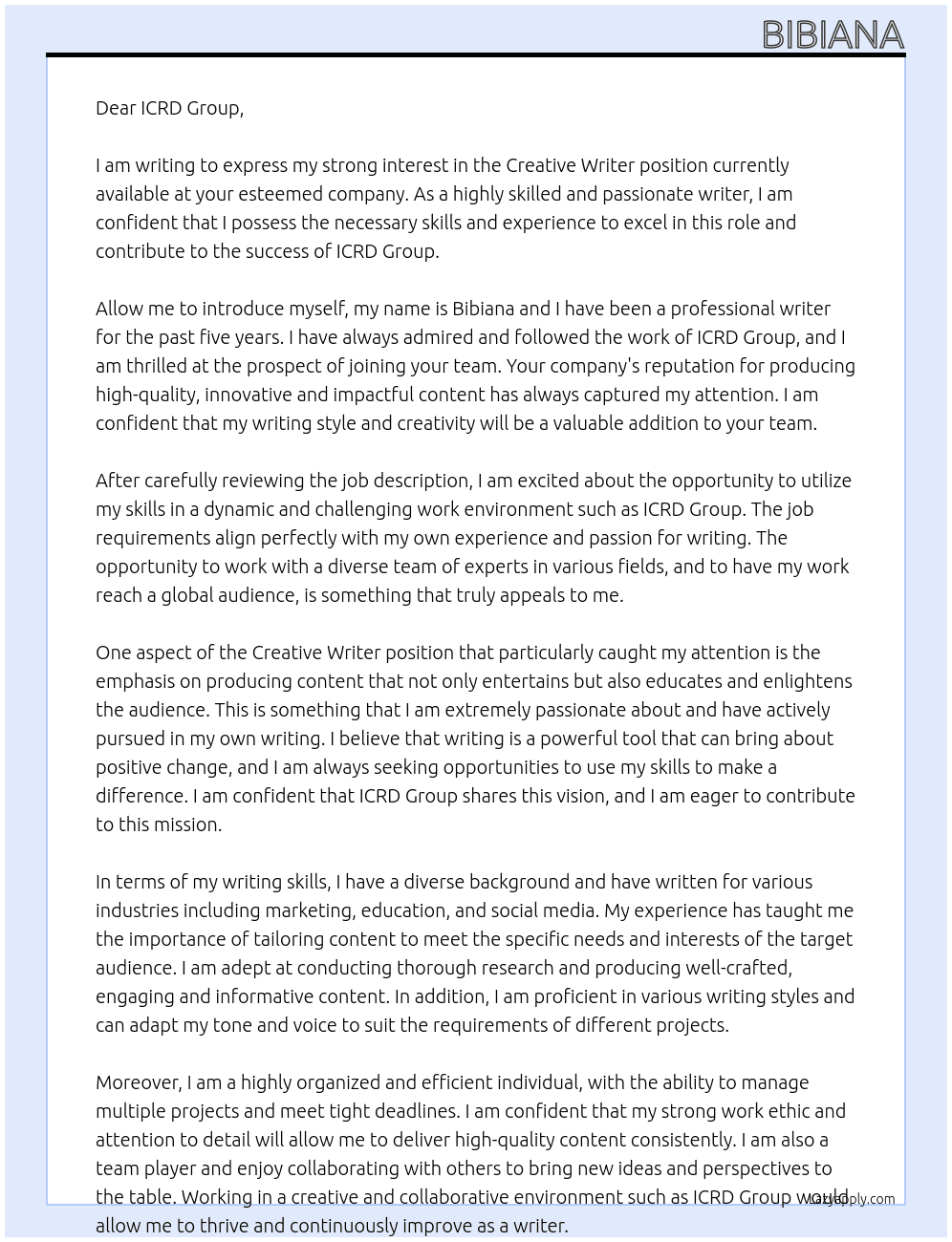 Creative writer  At ICRD Group Cover Letter