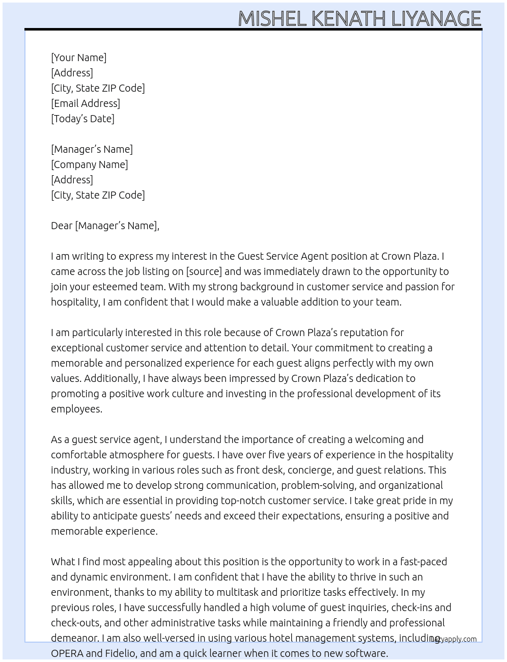 guest service agent At Crown Plaza Cover Letter